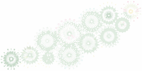 A scattering of pastel dandelion seed heads on a white background