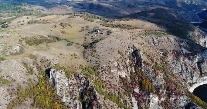 Aerial view of rocky plateau above Uvac Canyon in Serbia