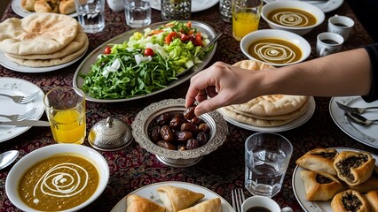 A hand reaches for a date in a traditional bowl, surrounded by Middle Eastern sweets and drinks. Perfect for themes of Ramadan, Iftar, healthy eating, and cultural cuisine