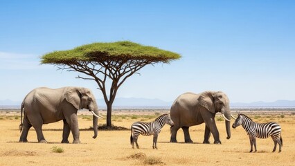 A herd of elephants and zebras under a tree in a savannah landscape.