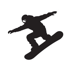 Fototapeta premium A black silhouette illustration of a snowboarder jumping and performing a trick in the air.