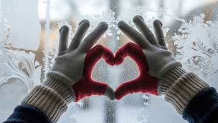Two hands forming a heart shape with fingers on a frosted window pane.