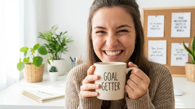 Celebrating achievement with a happy young woman holding a goal getter mug in a bright office space promoting motivation and positivity