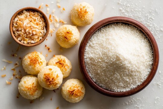 Bolinhas Coco, coconut cookies styled delicately on light surface, surrounded by textures. Concept of festive Indian treats celebrating culture, flavors, and traditions. 