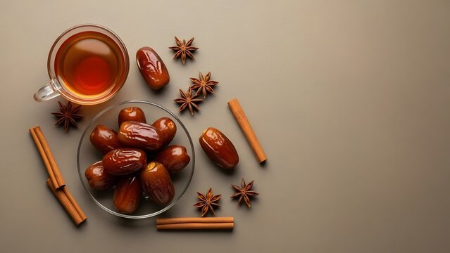 Top-down view of dates on a plate with tea and spices (cinnamon, star anise, cardamom). Ideal for promoting healthy eating, Ramadan, or Middle Eastern cuisine and culture