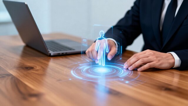 Business person interacting with digital hologram - Powered by Adobe