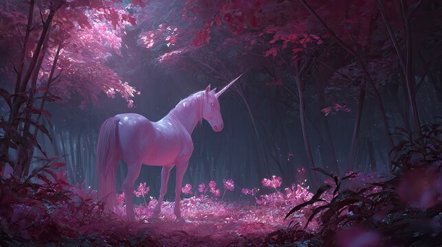 Cute pink unicorn standing in magical forest whimsical fantasy creature colorful illustration 
