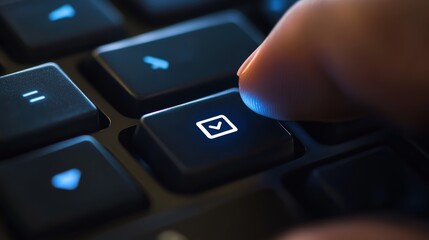 Finger pressing illuminated enter key on modern black backlit keyboard, close-up of digital technology interface and user interaction.
