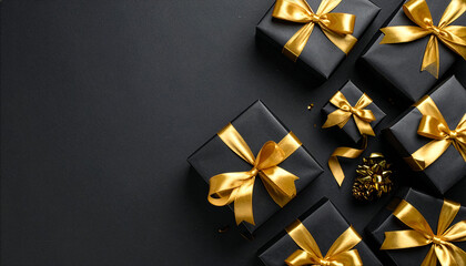 Black Gift Box Collection with Gold Satin Ribbons and Decorative Bow