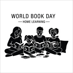 World Book Day home learning with a diverse family reading books Keywords: world book day, home