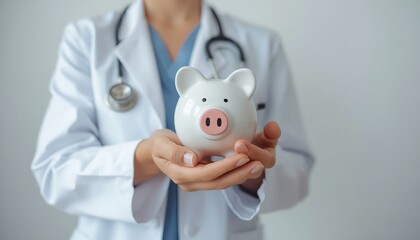 A doctor in a white coat holding a piggy bank, symbolizing healthcare savings and financial planning.