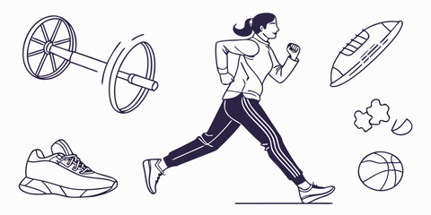 Dynamic illustration of a woman engaged in a fitness run, surrounded by essential sports equipment for a complete and healthy workout routine, embodying an active lifestyle