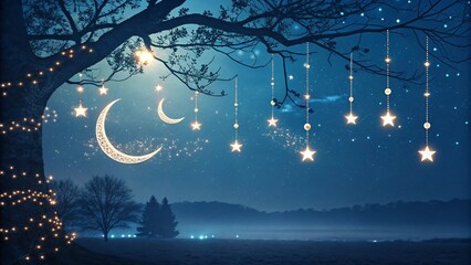 Abstract bokeh lights forming crescent moons for Eid or Ramadan and stars against blue night background