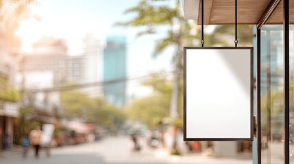 Blank sign hanging outside building with metal bracket storefront signage mockup realistic