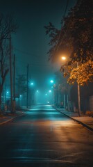 Eerie Night Streetscape: Foggy Residential Road Illuminated by Sodium Vapor Lamps, Gloomy Urban Scene.