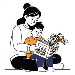 Mother and son reading an open book with flying pages Keywords: mother, son, reading, book