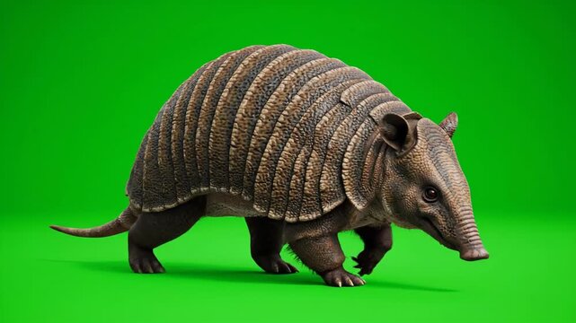 Armored mammal with its distinctive shell walking on a vibrant green screen, captured in motion for versatile wildlife compositing and educational content
