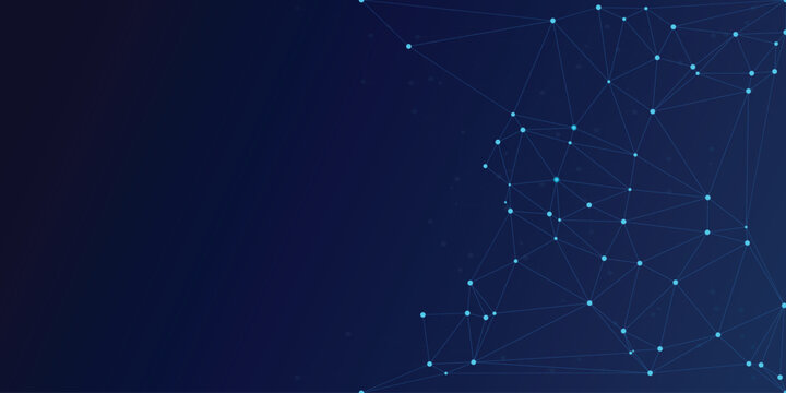 Illustration of blue Network Wave with glowing dots on dark blue background