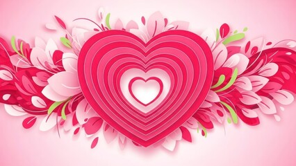 A pink and red heart with floral patterns on a pink background.