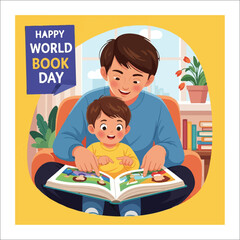 Father and son reading a book together on World Book Day child
