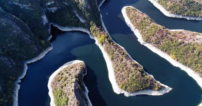 Aerial view of iconic Uvac River meanders in canyon