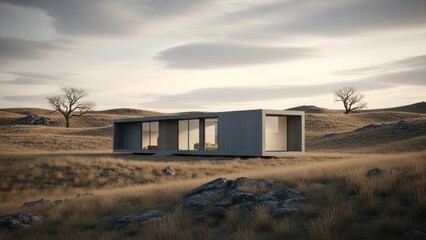 A modern, minimalist house with large windows and a flat roof, situated in a vast, open landscape with rolling hills and sparse vegetation.