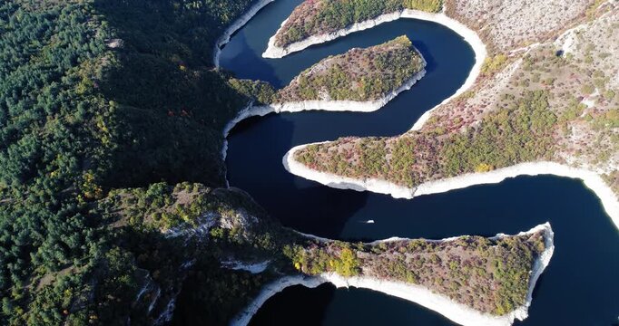 Top-down aerial view of winding Uvac River bends