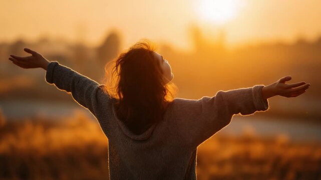 woman person free relax arms up back view landscape nature health life sunset sunrise video