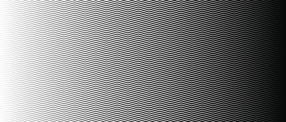 Gradient transition zigzag lattice. Diagonal smooth halftone stripes black and white wave vector background. Slanted monochrome fade-out backdrop. Abstract rhythmic geometric overlay.