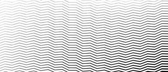 Gradient transition zigzag lattice. Diagonal smooth halftone stripes black and white wave vector background. Slanted monochrome fade-out backdrop. Abstract rhythmic geometric overlay.