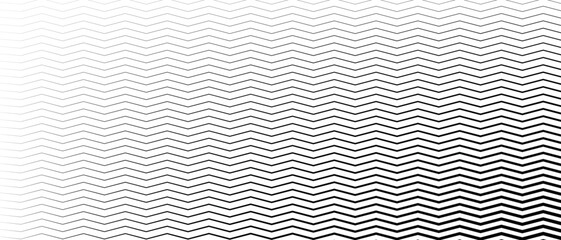 Gradient transition zigzag lattice. Diagonal smooth halftone stripes black and white wave vector background. Slanted monochrome fade-out backdrop. Abstract rhythmic geometric overlay.