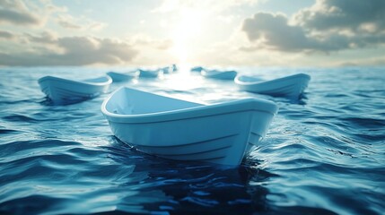 Fototapeta premium Leadership blue boat success teamwork guiding fleet ocean photo