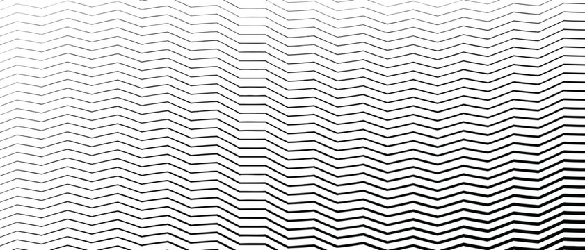 Gradient transition zigzag lattice. Diagonal smooth halftone stripes black and white wave vector background. Slanted monochrome fade-out backdrop. Abstract rhythmic geometric overlay.