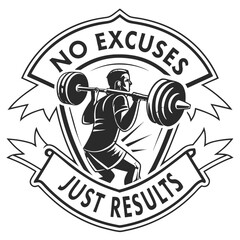 Weightlifter Emblem With No Excuses Just Results Text