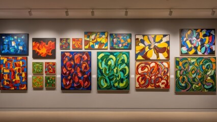 A colorful abstract painting exhibition in a gallery.