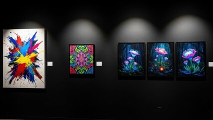 A vibrant display of abstract paintings on a black wall, featuring a variety of bright colors and intricate designs.