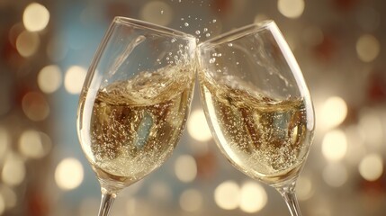 9 A pair of wine glasses clinking together, champagne bubbles, bokeh lights in background, celebration mood, elegant setting, 8k, realistic, full ultra HD, high resolution, cinematic photography