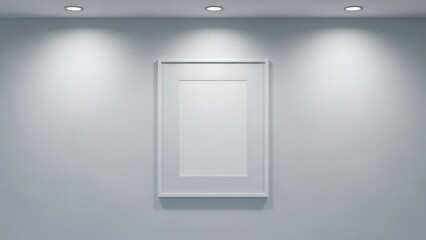 A white gallery wall with a blank white frame hanging on it.