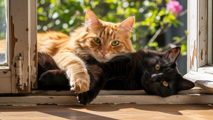 Two ginger cats lying on a wooden floor with a window in the background.