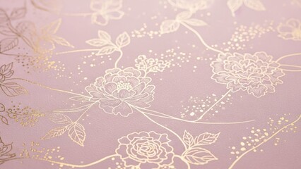 A pink and gold floral wallpaper with intricate floral designs.
