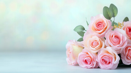 Bouquet of pink roses is on a table. The roses are arranged in a vase and are in full bloom