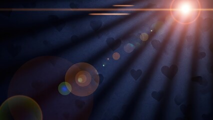 A dark blue background with a pattern of hearts and a sun shining through.
