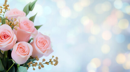 Bouquet of pink roses is displayed in a vase. The roses are arranged in a way that they are not overlapping each other