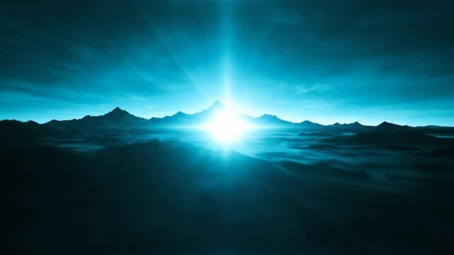 Dramatic cyan landscape featuring mountain silhouettes and an intense central light reflection over water, concept for futuristic designs, epic movie trailers and otherworldly backgrounds
