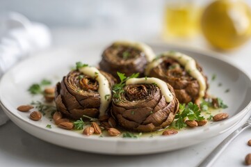 Warm plating moment caught as roasted artichokes shine beneath creamy tahini and herbs
