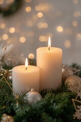 Two Advent candles glow gently among gold and evergreen in a warm festive haze