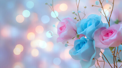 Bouquet of blue and pink roses. The roses are in a vase and are surrounded by a light blue background