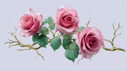 Three pink roses are on a branch. The branch is on a white background