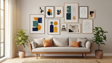 A modern, minimalist living room with a light gray sofa, two potted plants, and a large window.