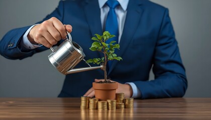 A businessman in a blue suit waters a small plant growing out of a pile of gold coins on a wooden desk